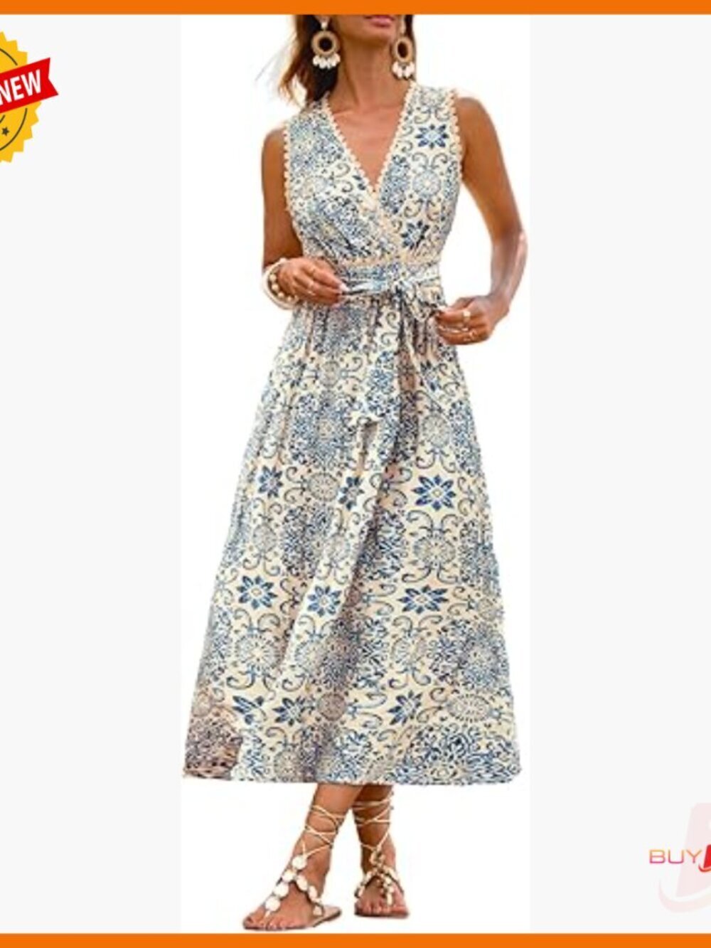 Sleeveless V-Neck Maxi Sundress with Lace Trim and Adjustable Belt